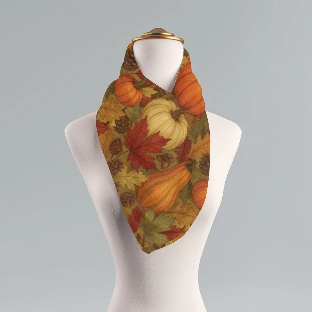 Pumpkin Fall Leaves Scarf: Autumn Neck Wrap, Nature-Inspired Shawl