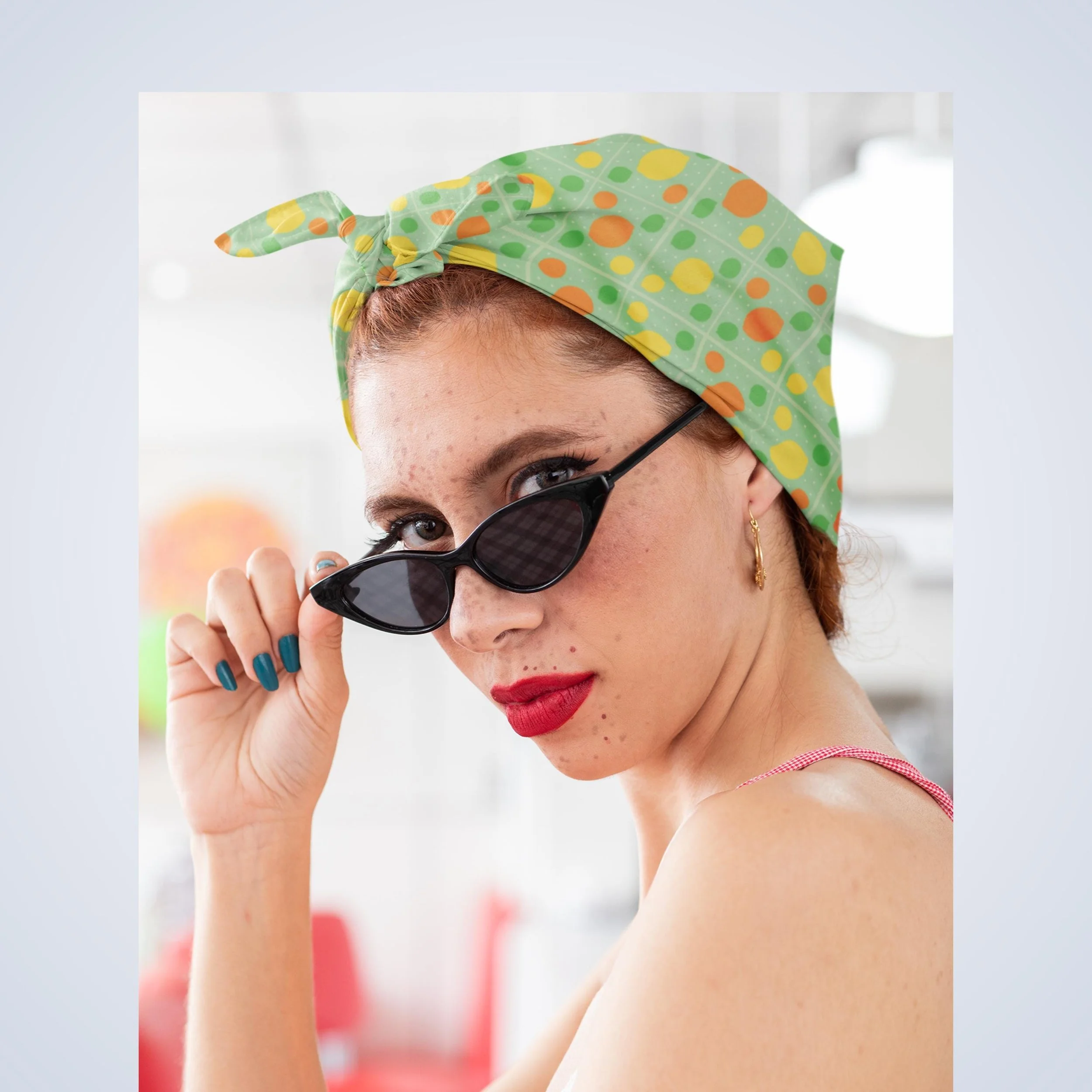 Retro Citrus Dot Bandana: 60s Mod Headscarf, Recycled Polyester