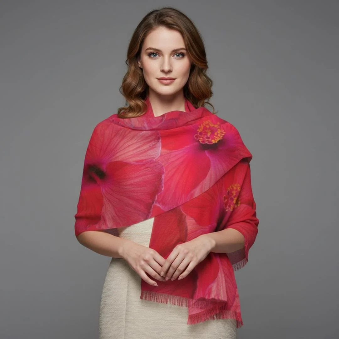 Pink Hibiscus Watercolor Scarf, Tropical Floral Wrap, Romantic Botanical Shawl