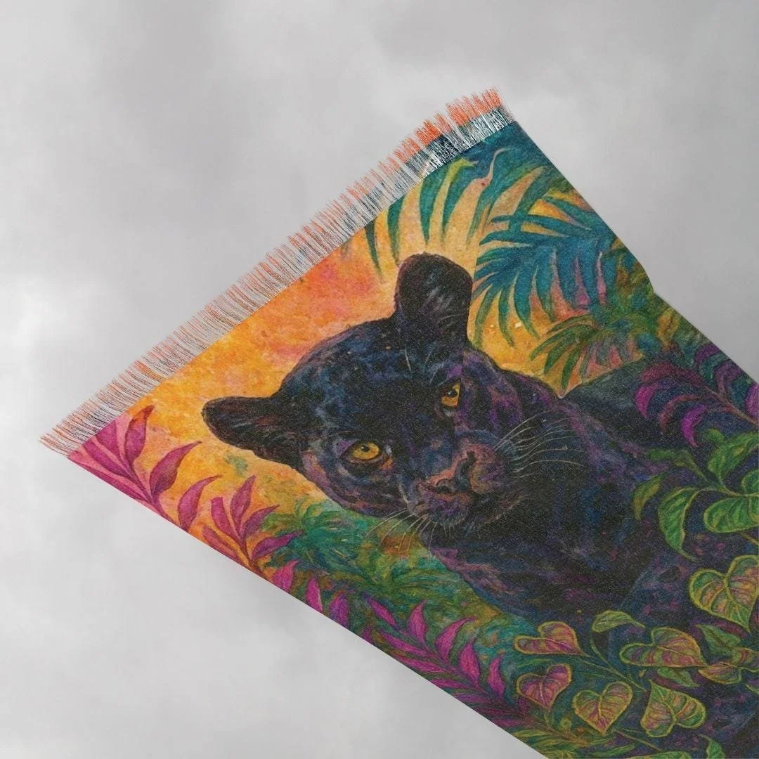 Black Jaguar Scarf: Watercolor Jungle Shawl, Tropical Wildlife Art