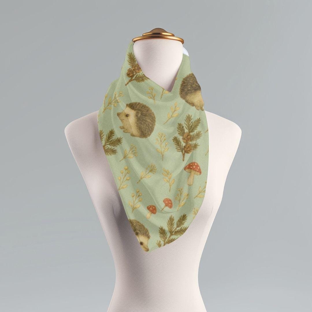 Hedgehog Sage Scarf, Cozy Woodland Animal Wrap, Cottagecore Nature Scarf