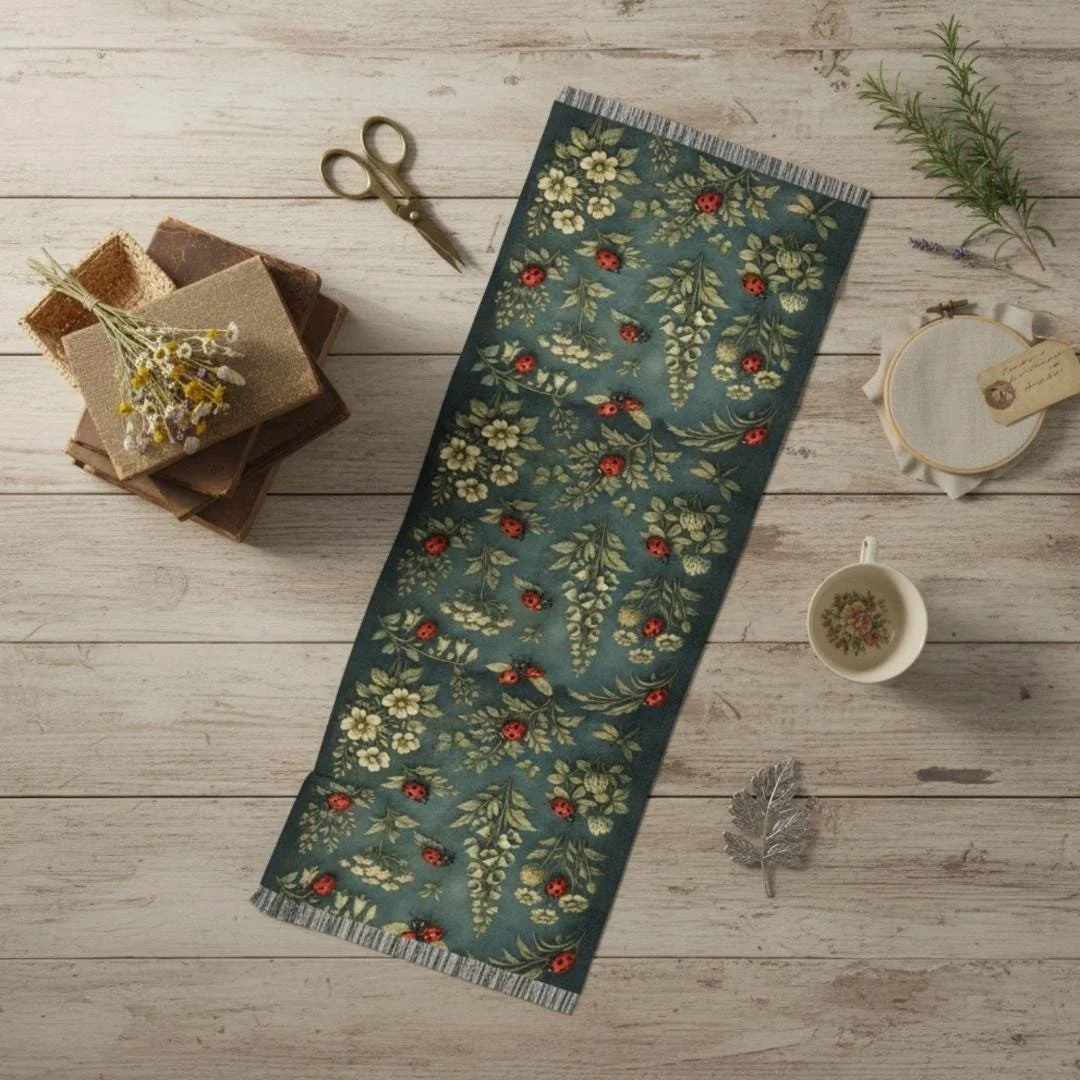 Vintage Ladybug Scarf, Botanical Cottagecore Green Floral Shawl