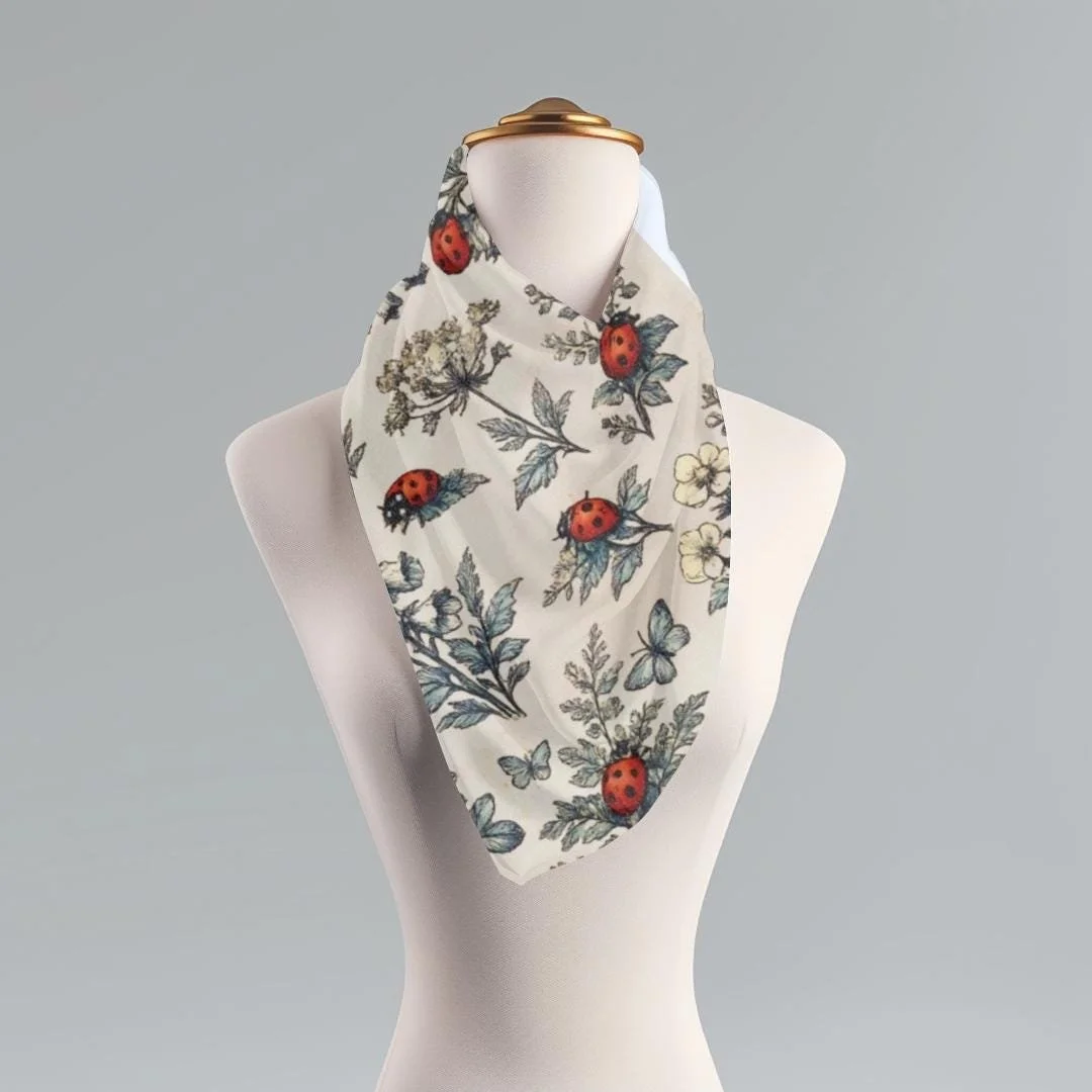 Ladybug Scarf, Cottagecore Floral Green Nature Shawl