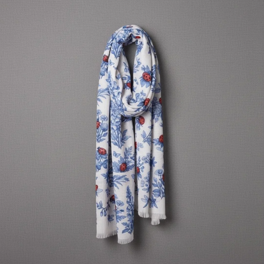 Toile Ladybug Scarf, Cottagecore Floral Print, Blue & White Shawl