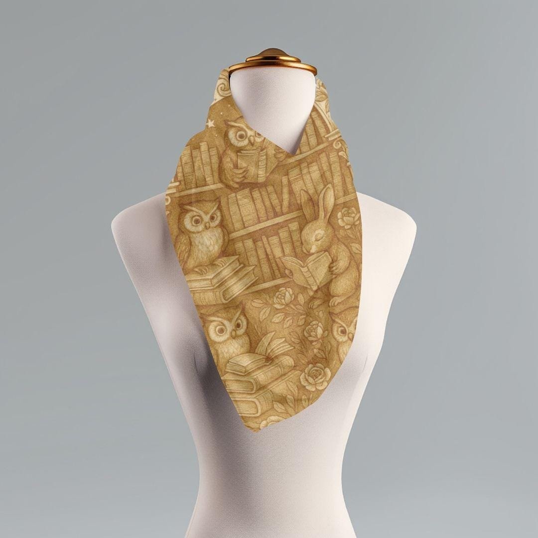 Owls at a Library Toile Scarf: Vintage Bookish Sepia Wrap
