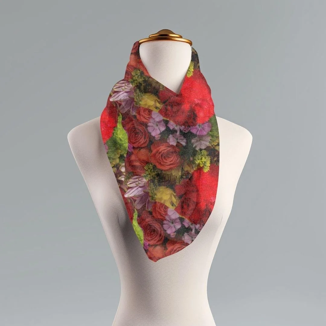 Red Rose Floral Scarf: Vintage Garden Print, Lightweight Wrap