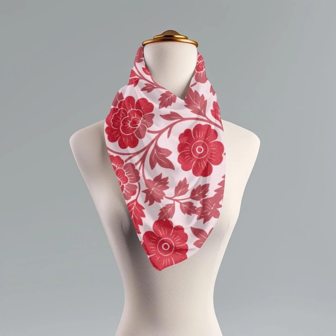 Chinoiserie Floral Scarf: Red & Pink Botanical Polyester Wrap