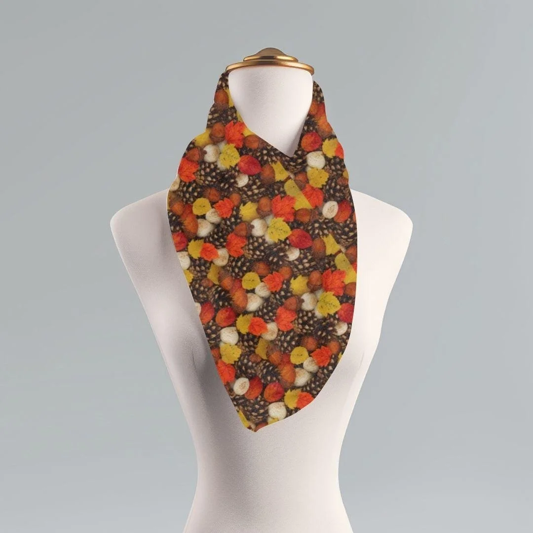 Autumn Harvest Foliage Scarf: Lightweight Fall Leaves & Pinecone Wrap