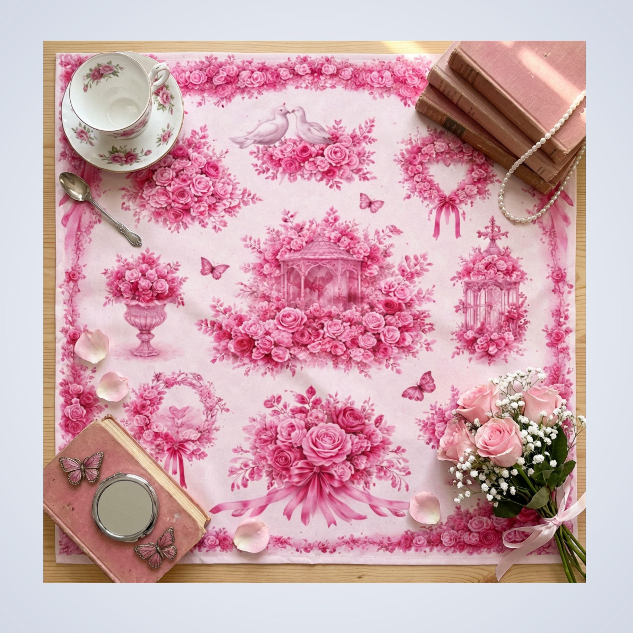 Pink Rose Toile Scarf | Vintage French Cottagecore Bandana
