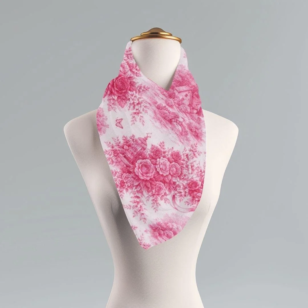 Pink Rose Toile Scarf, Vintage Cottagecore Floral Wrap, Lightweight Shawl