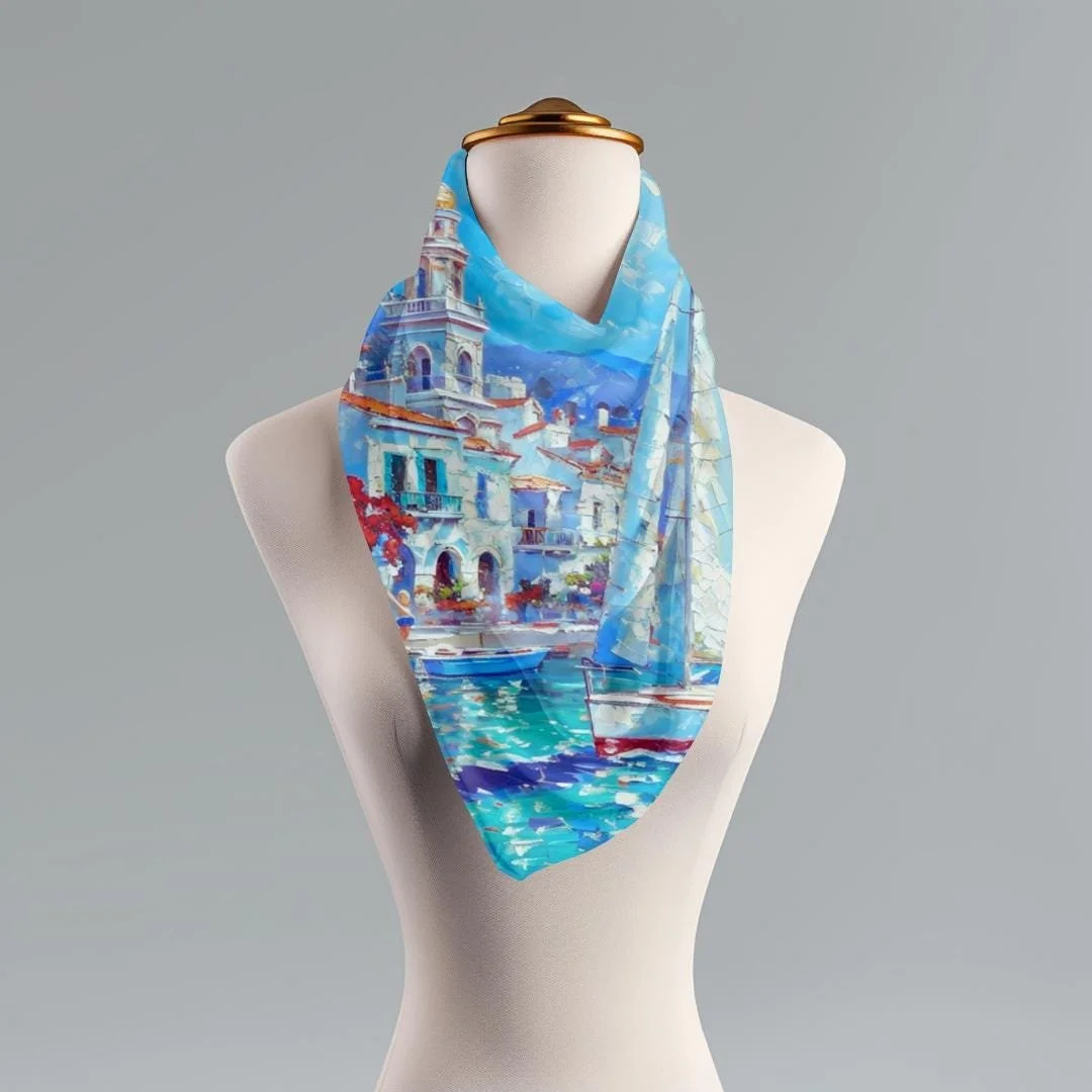 Greek Coastal Scarf: Impressionistic Beach Wrap, Lightweight Vacation Shawl