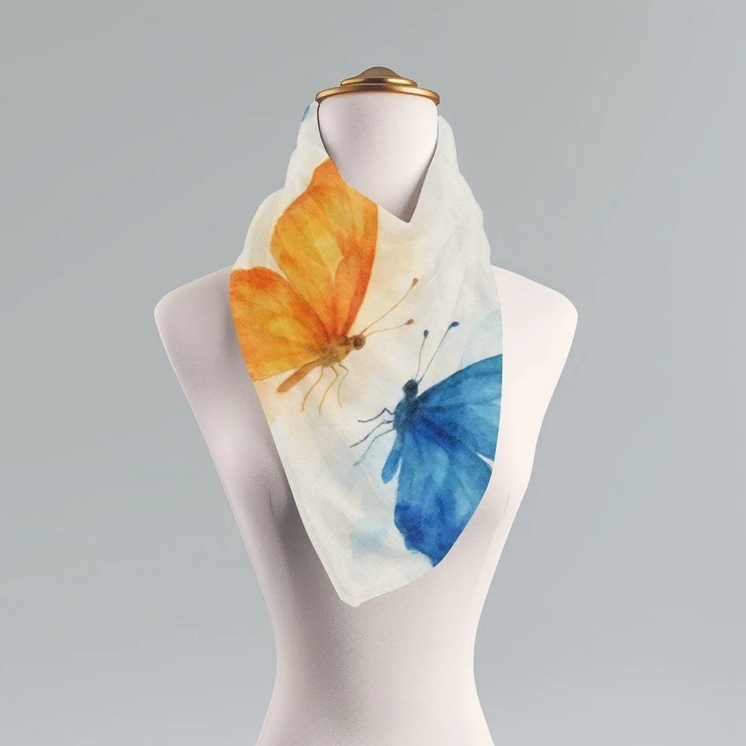 Watercolor Butterfly Scarf: Vibrant Orange & Blue Boho Shawl