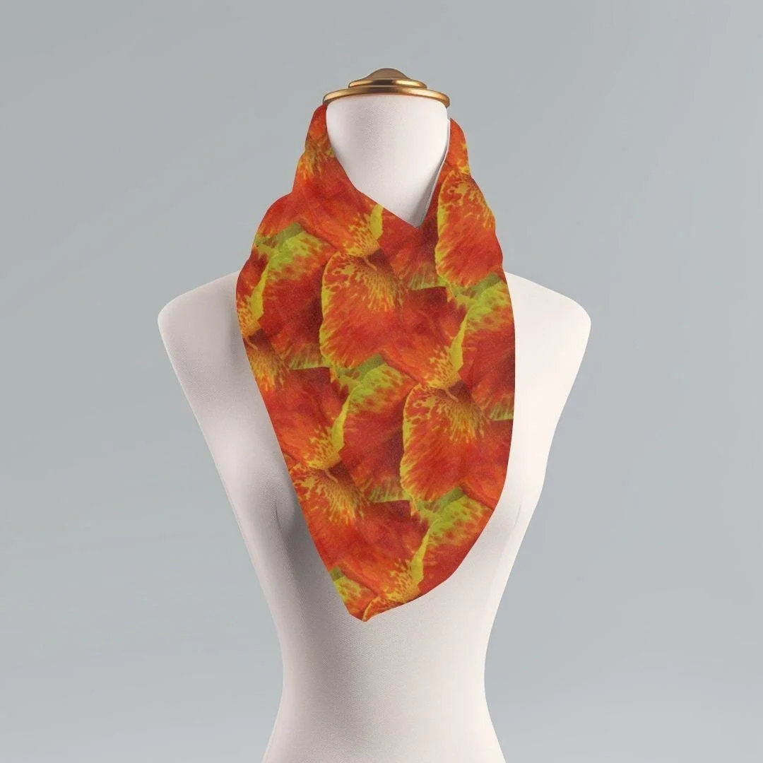 Red-Gold Floral Scarf: Lightweight Polyester Layered Petal Design