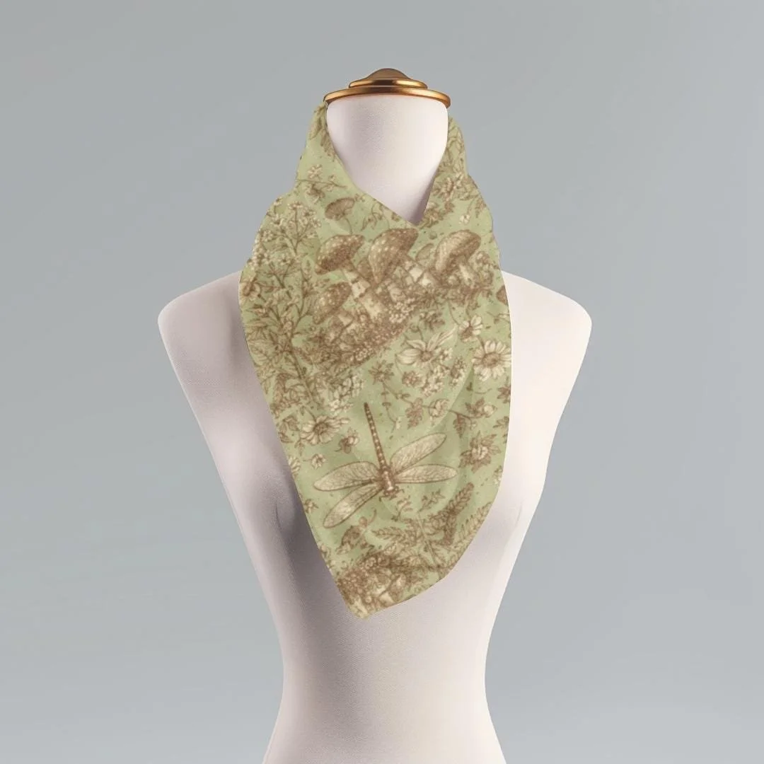 Dragonfly Toile Scarf, Antique Sage Green, Cottagecore Long Wrap