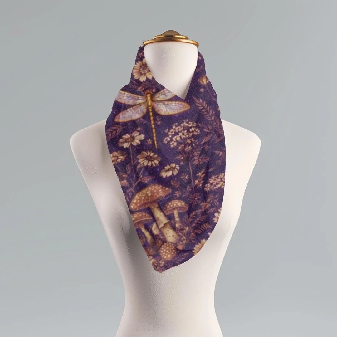Dragonfly Toile Scarf, Royal Purple Botanical Long Wrap, Cottagecore Boho Style