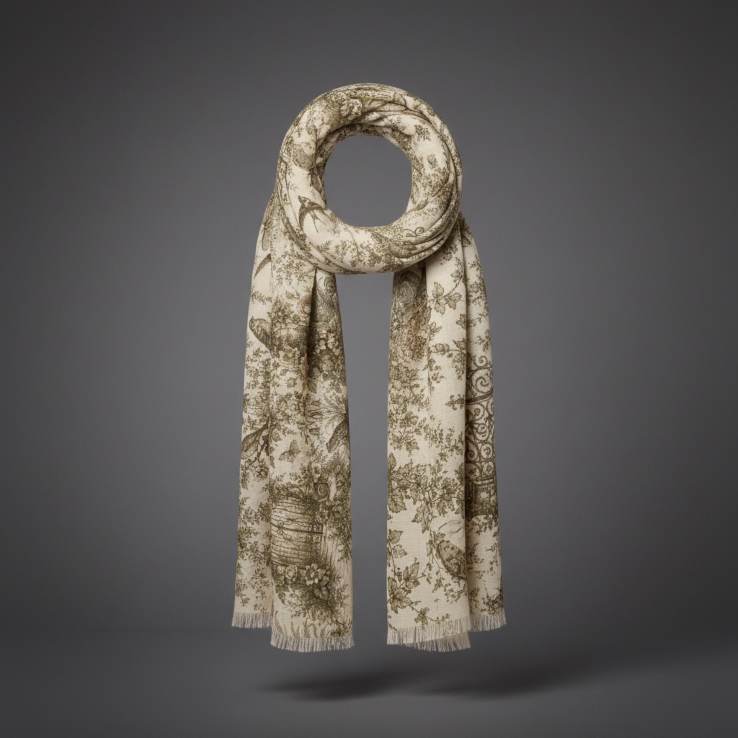 Hidden Garden Aviary Toile Scarf, Botanical Frog Moth Bird Shawl, Cottagecore Neutral Wrap