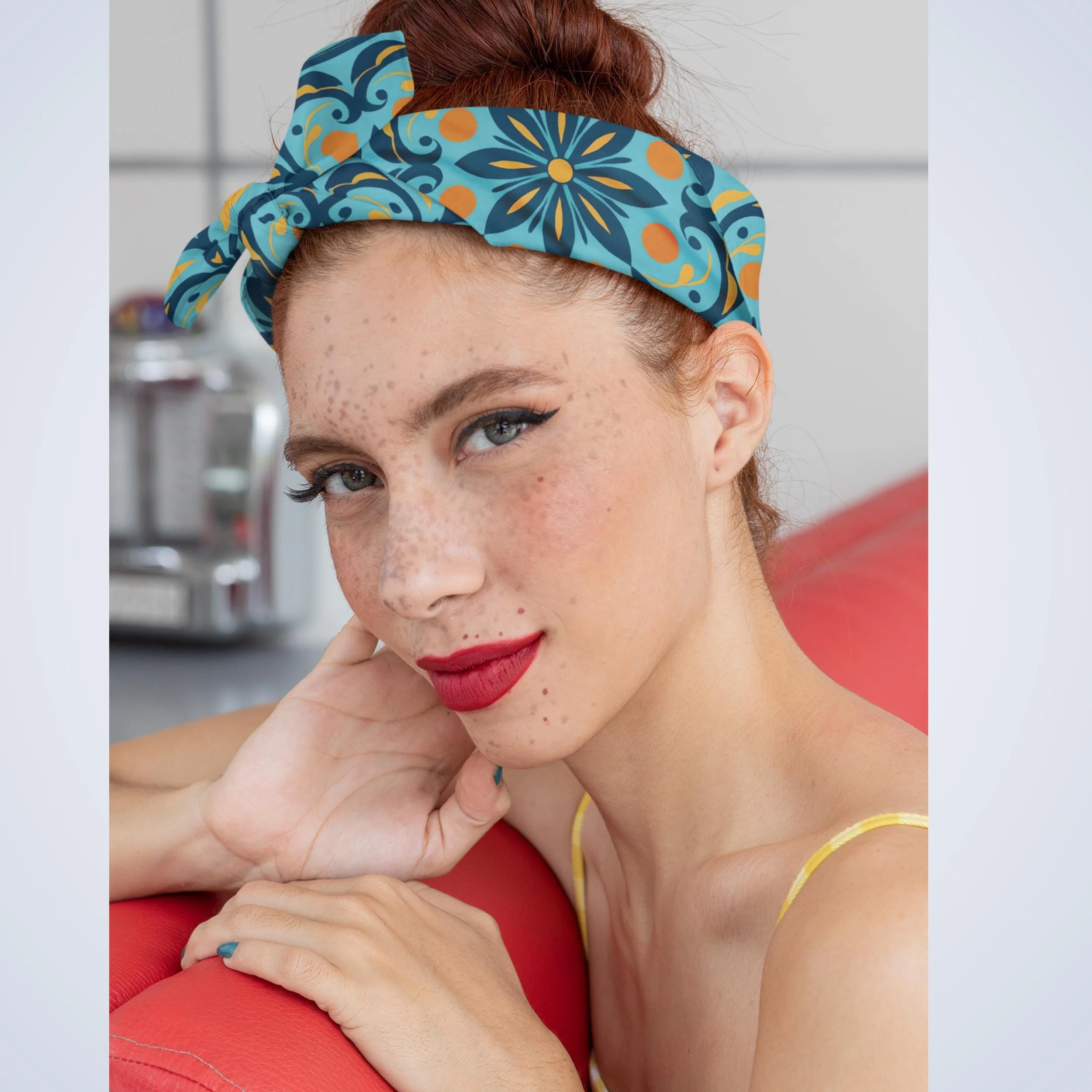 Tile Print Bandana: Teal & Orange Headwrap, Pet Scarf