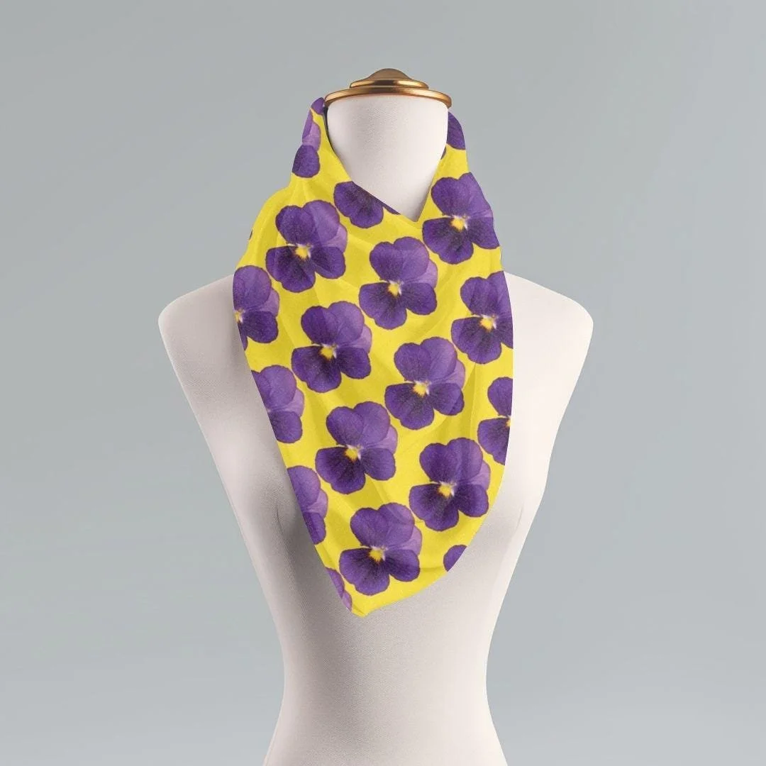Purple Pansy Scarf: Bold Yellow Floral Wrap, Wearable Photo Art
