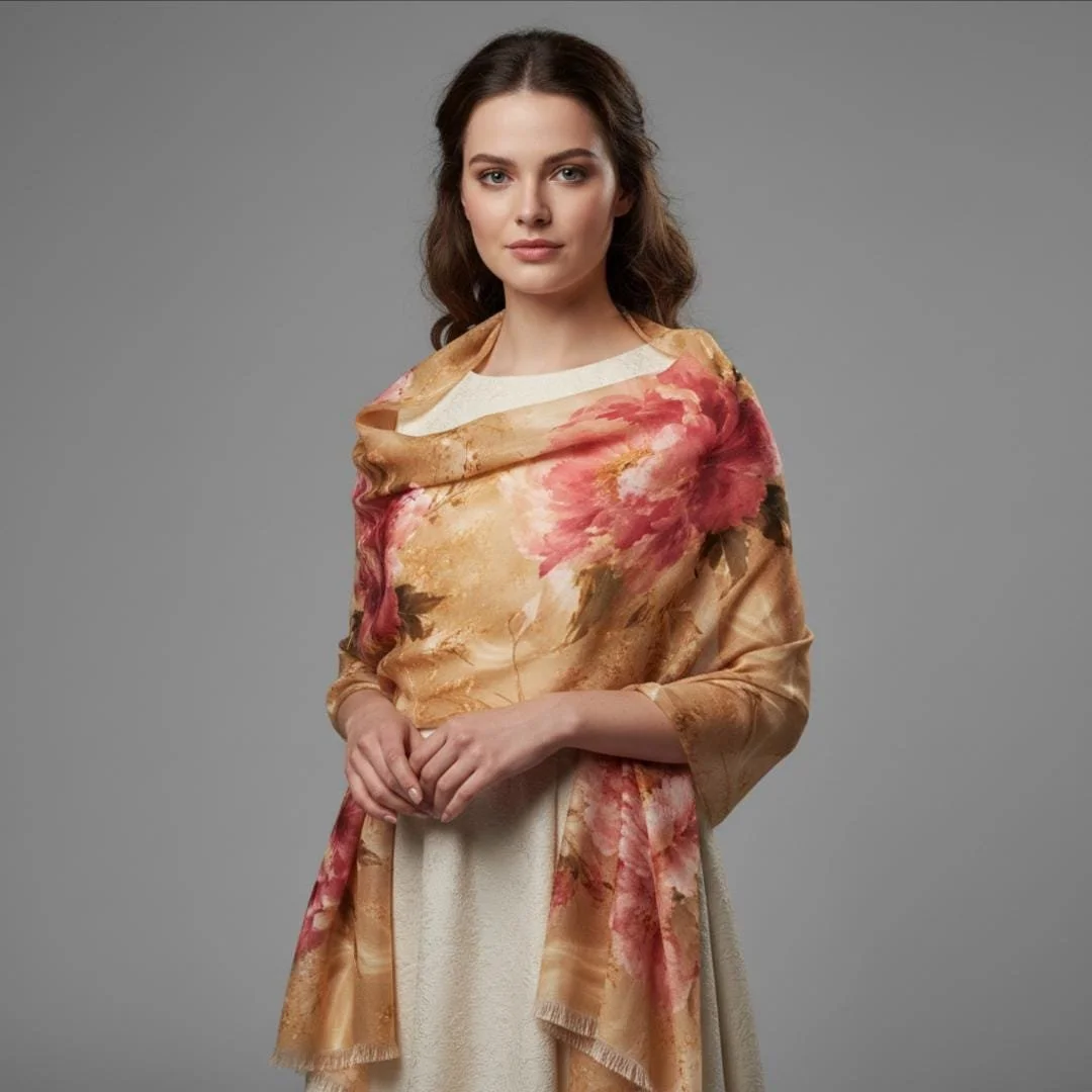 Golden Peony Scarf, Blush Floral Wrap, Romantic Cottagecore Shawl, Botanical Lightweight Scarf