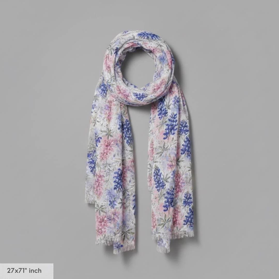 Bluebonnet Wildflower Scarf, Pink Blue Watercolor Floral Wrap, Cottagecore Botanical Shawl