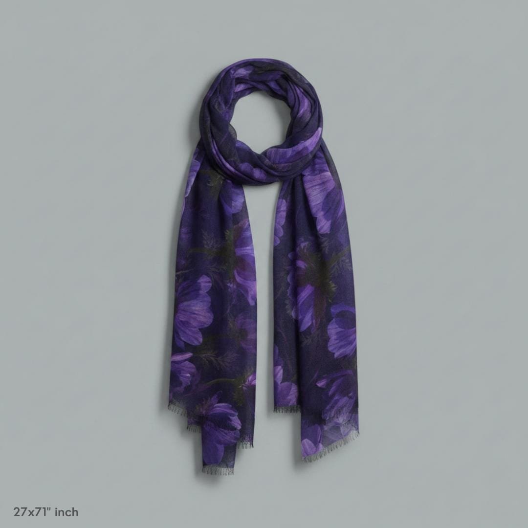 Purple Anemone Scarf, Moody Floral Wrap, Dark Botanical Shawl, Cottagecore Wearable Art