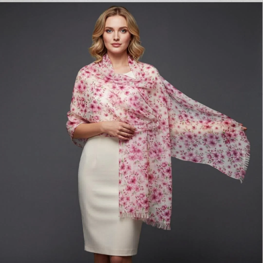 Pink Floral Scarf, Romantic Botanical Wrap, Cottagecore Lightweight Shawl