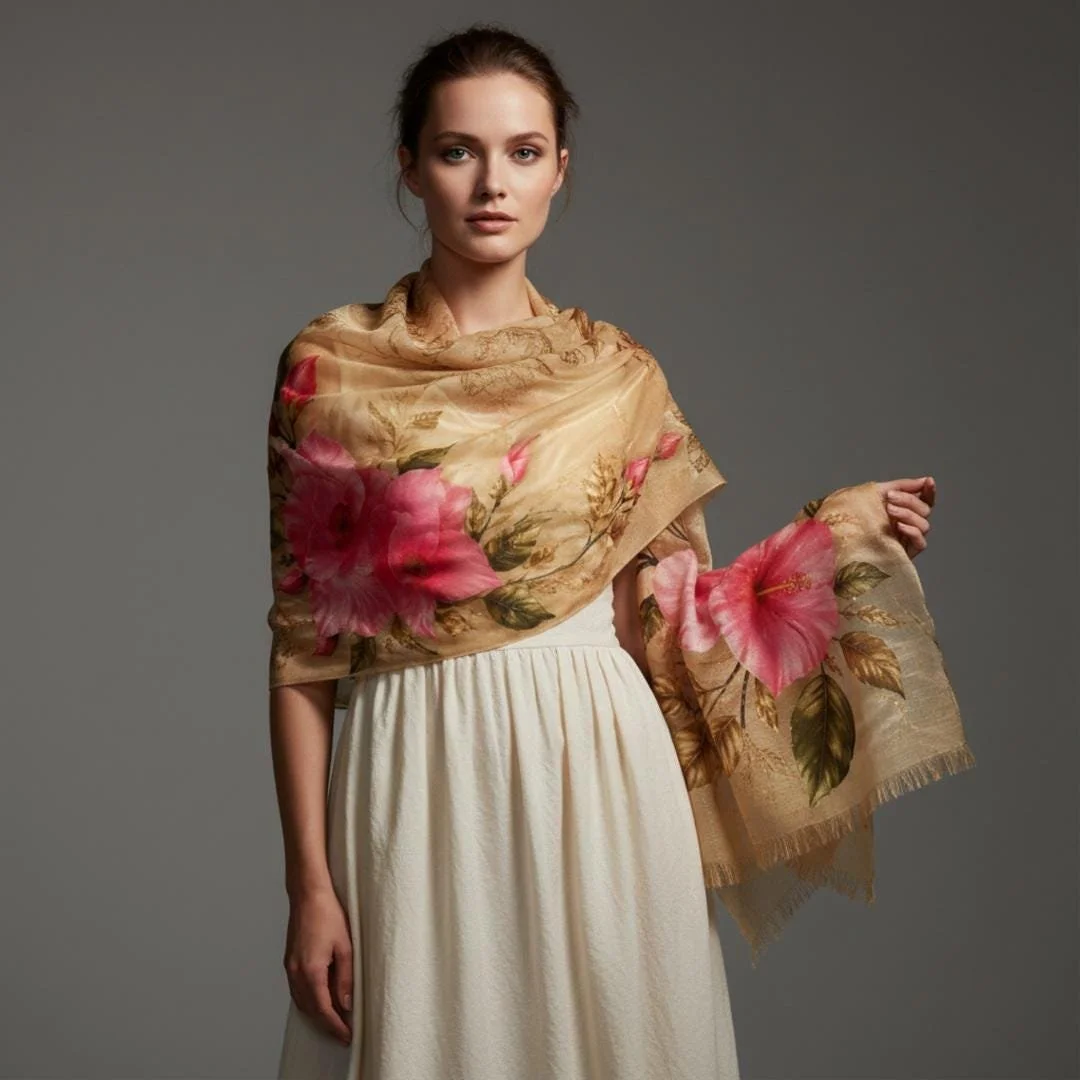 Vintage Champagne  Floral Scarf, Botanical Wrap, Pink Mandevilla Shawl, Lightweight Elegant Accessory