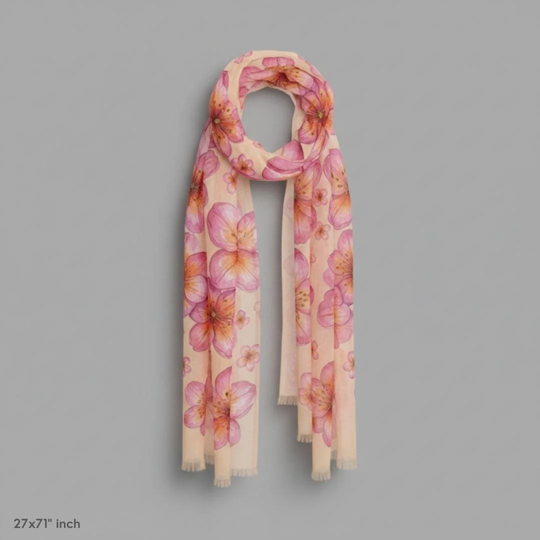 Pink Watercolor Floral Scarf, Soft Cherry Blossom Wrap, Botanical Shawl (27"x71")