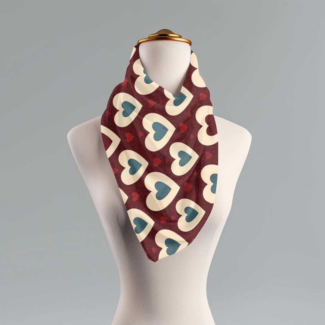 Heart Patterned Scarf, Beige Red Teal, Valentine / Galentine Warp