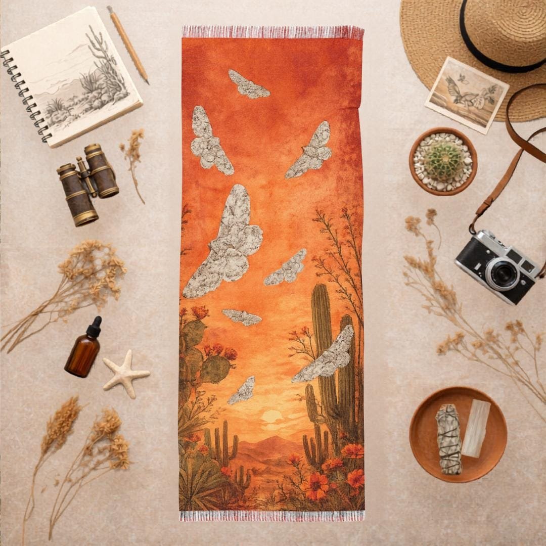 Desert Moth Scarf, Orange Sunset Southwestern Boho Shawl, Lightweight Nature Wrap