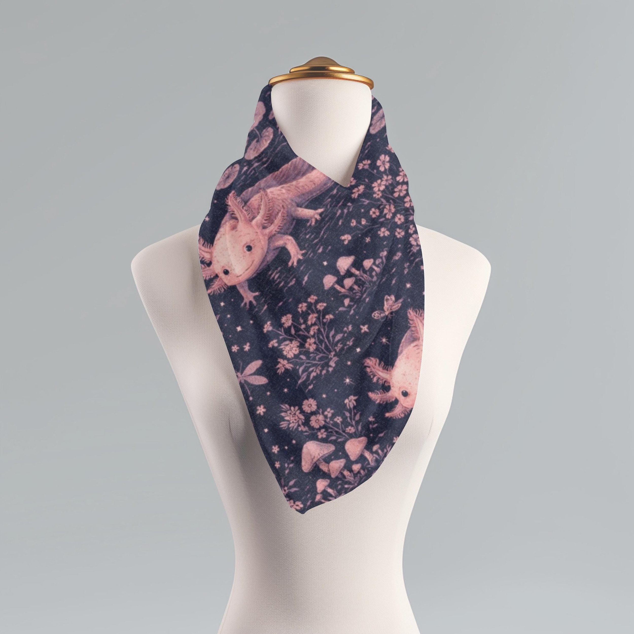 Axolotl Toile Scarf, Midnight Navy Floral Cottagecore Wrap
