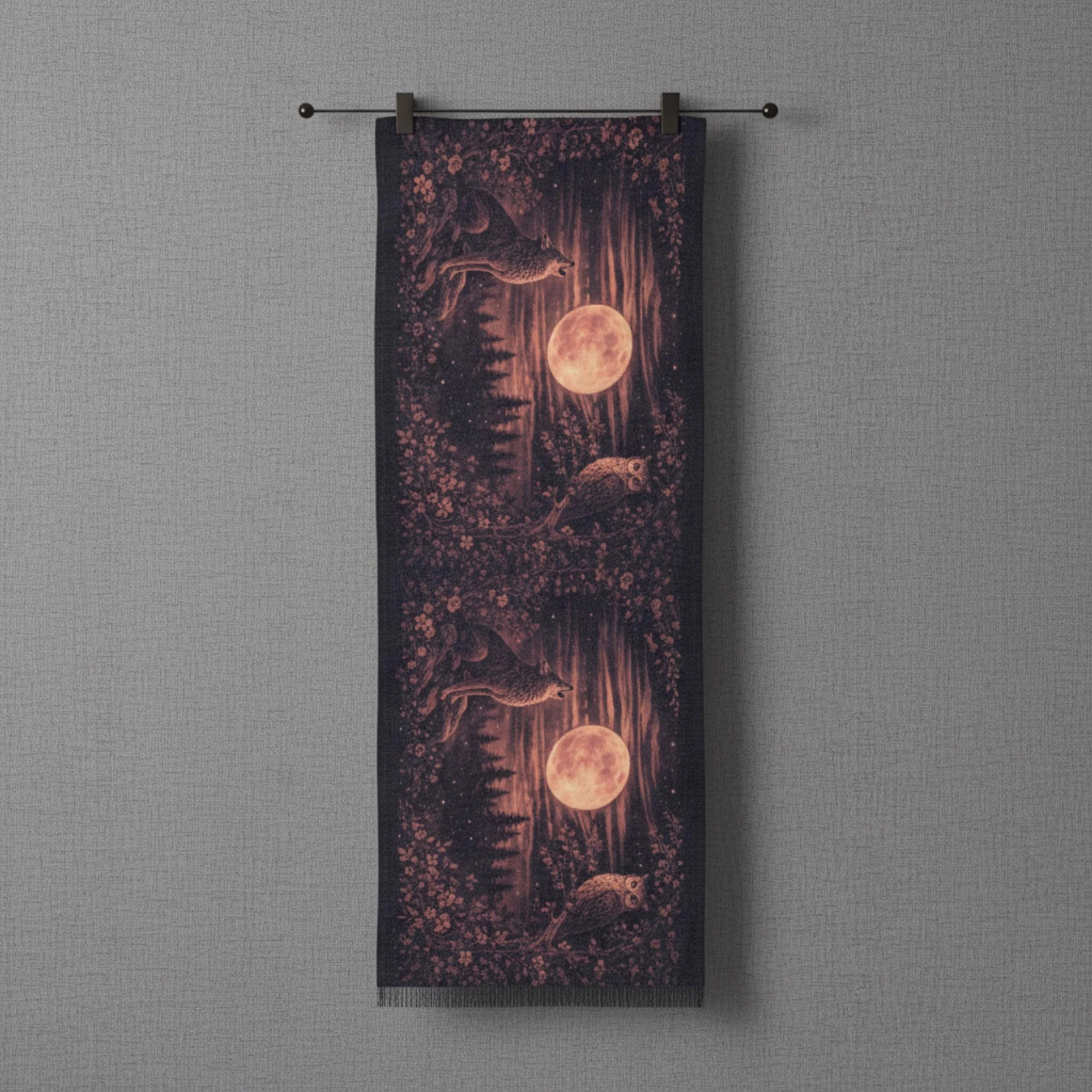 Super Moon Coyote & Owl Scarf, Night Forest Wearable Art