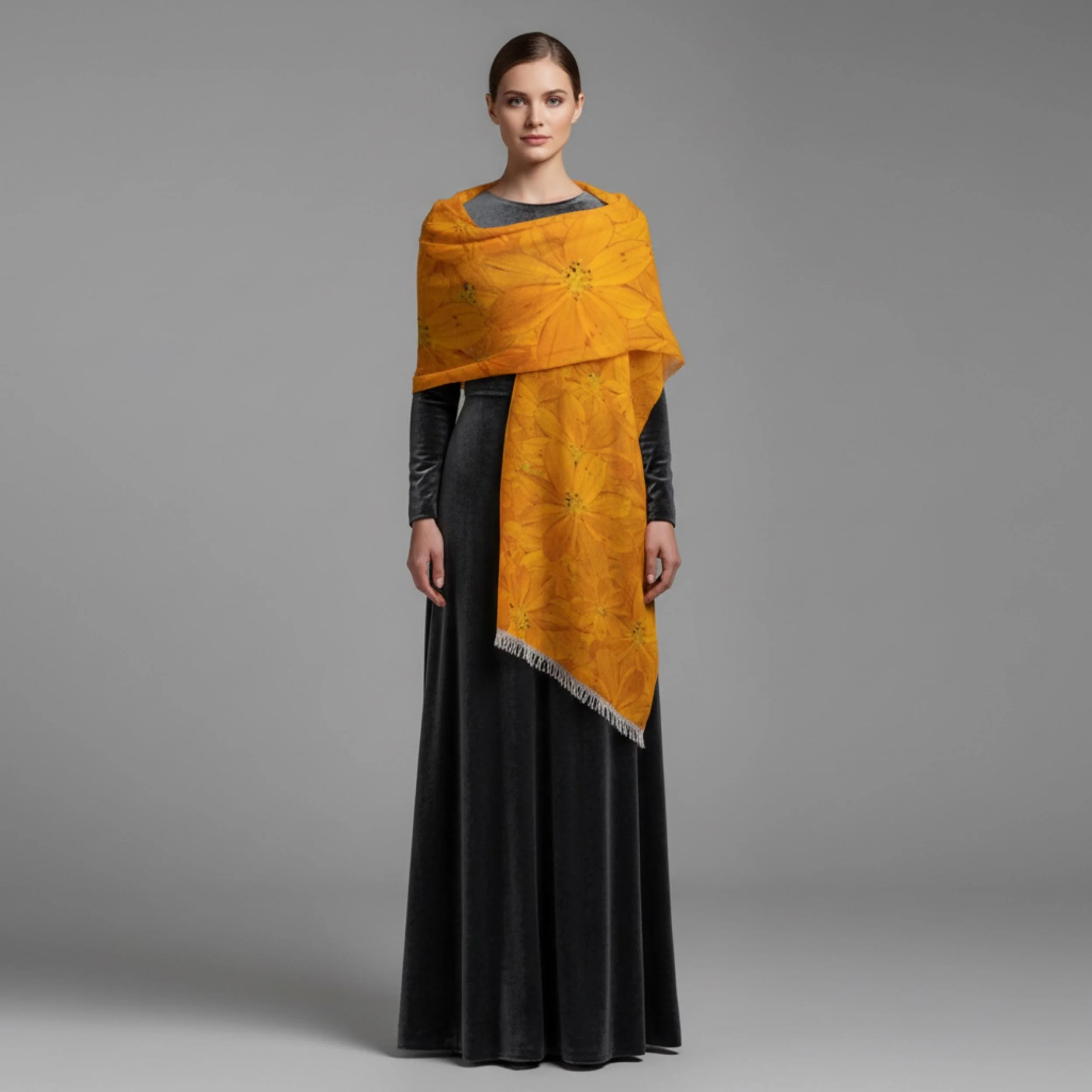 Golden Cosmos Floral Scarf, Vibrant Botanical Wrap, Lightweight Summer Shawl (27x71)