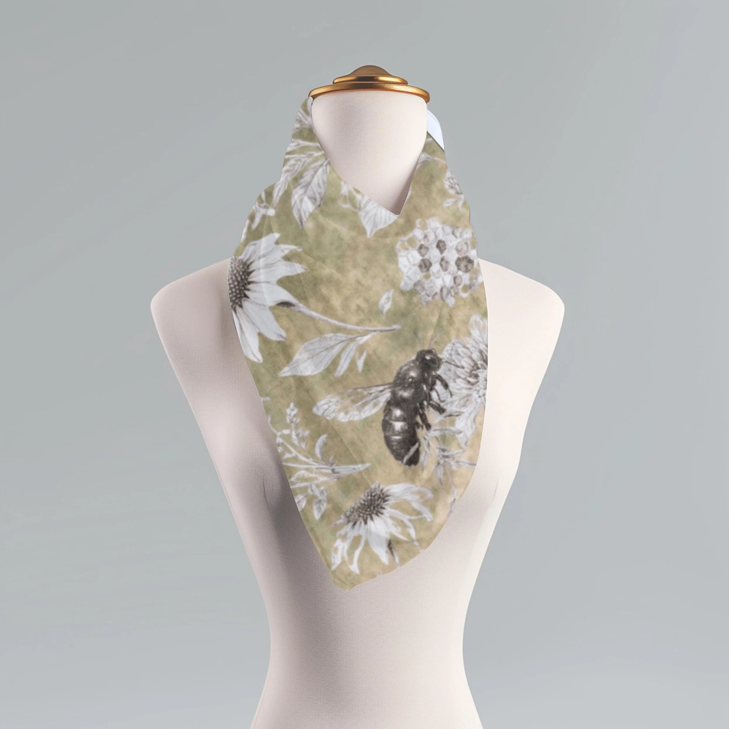 Botanical Bee Scarf, Vintage Toile Floral Shawl, Lightweight Wrap