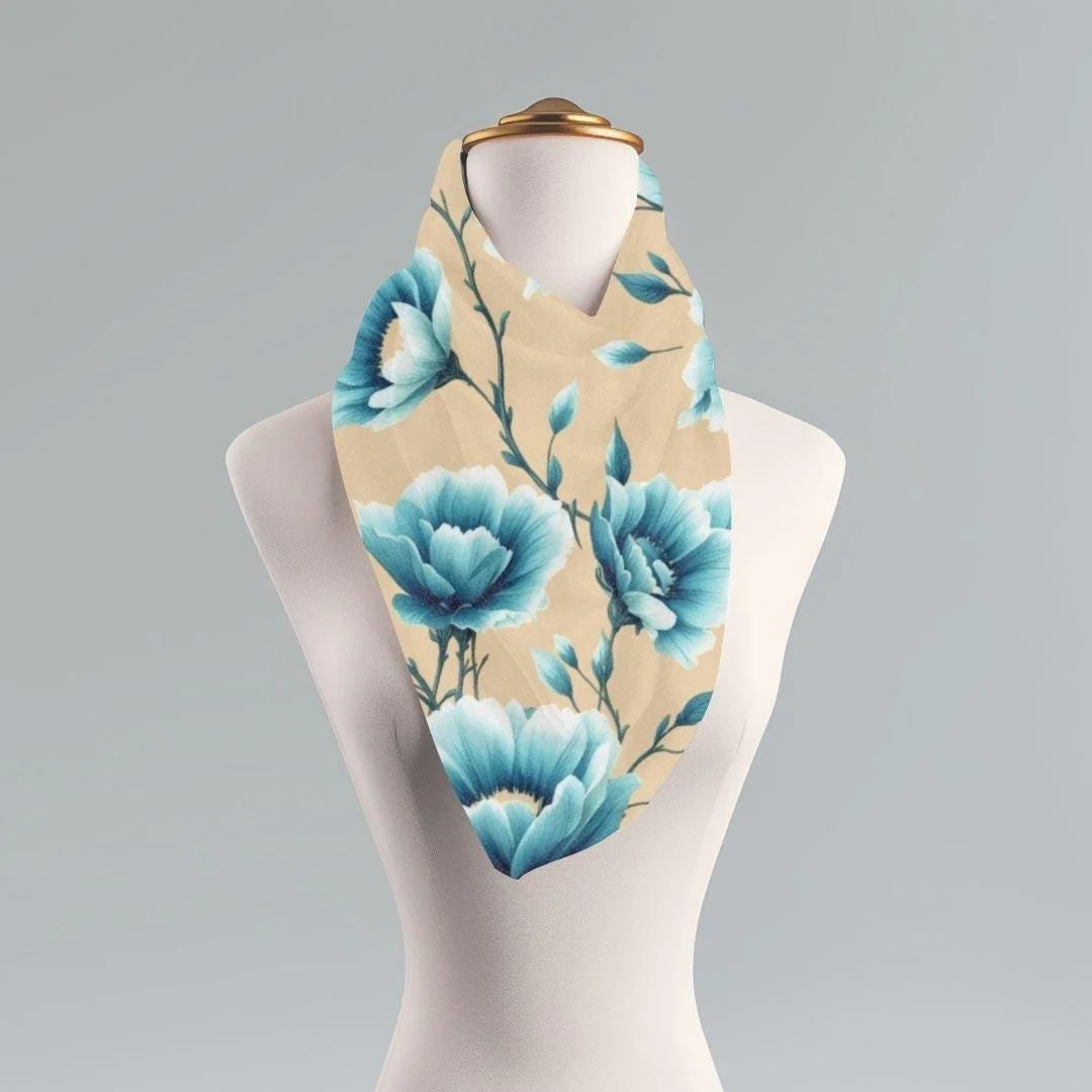 Blue Floral Scarf: Lightweight Botanical Shawl, Teal Aqua Flowers