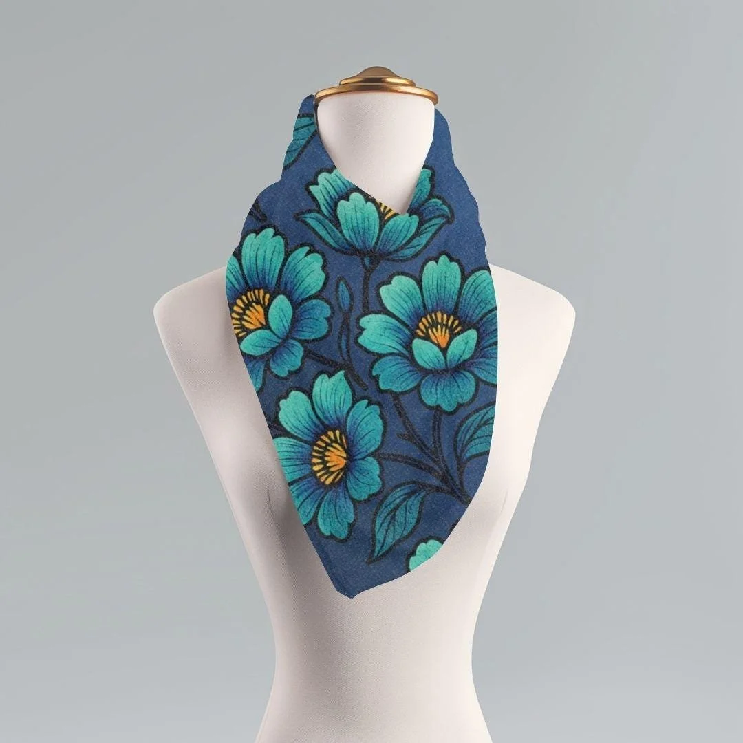 Blue Floral Long Scarf: Teal Aqua Botanical Wrap (27x71" )