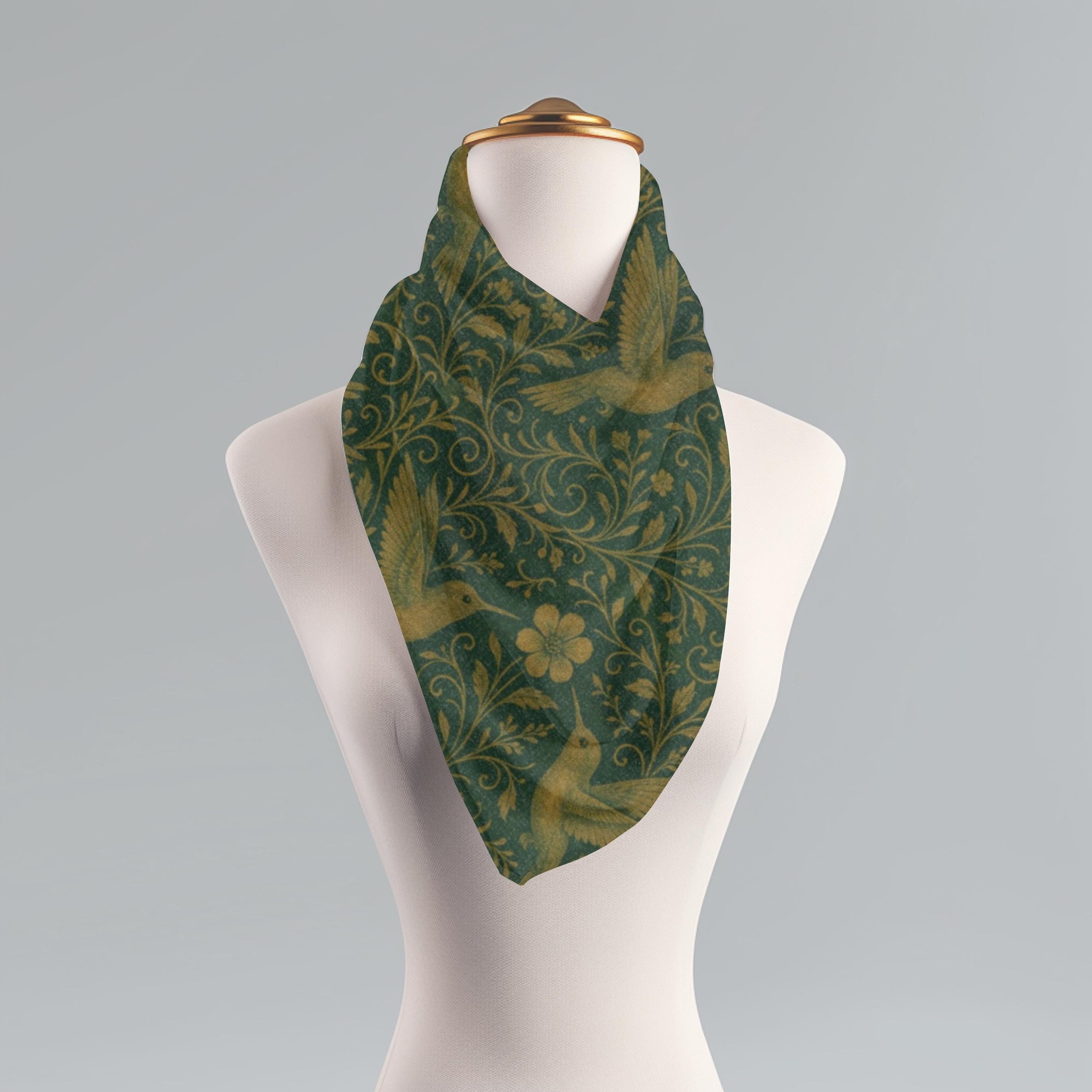 Hummingbird Tapestry Scarf, Gold Filigree, Dark Jade Green