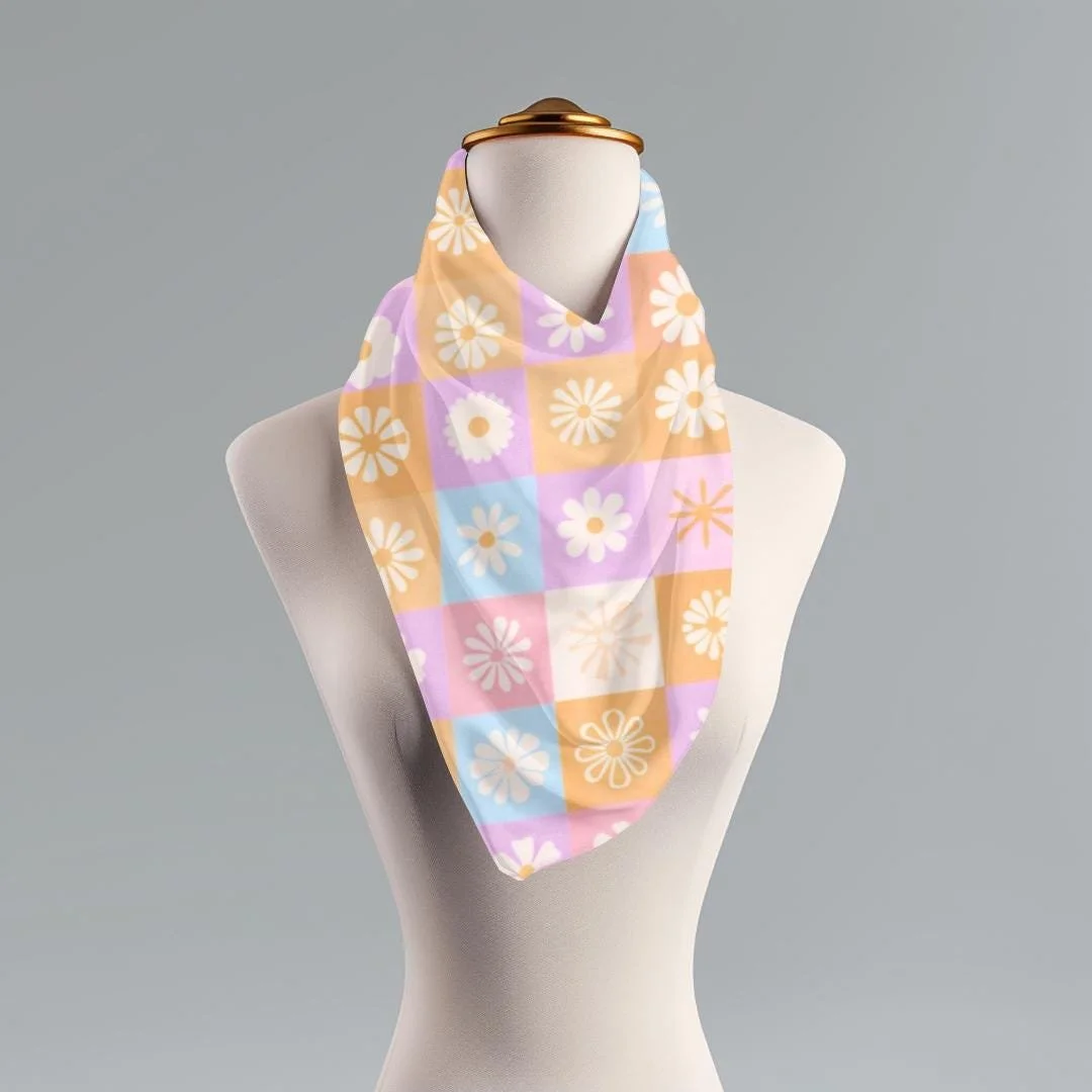 Boho Daisy Scarf: Checkered Floral Lightweight Wrap