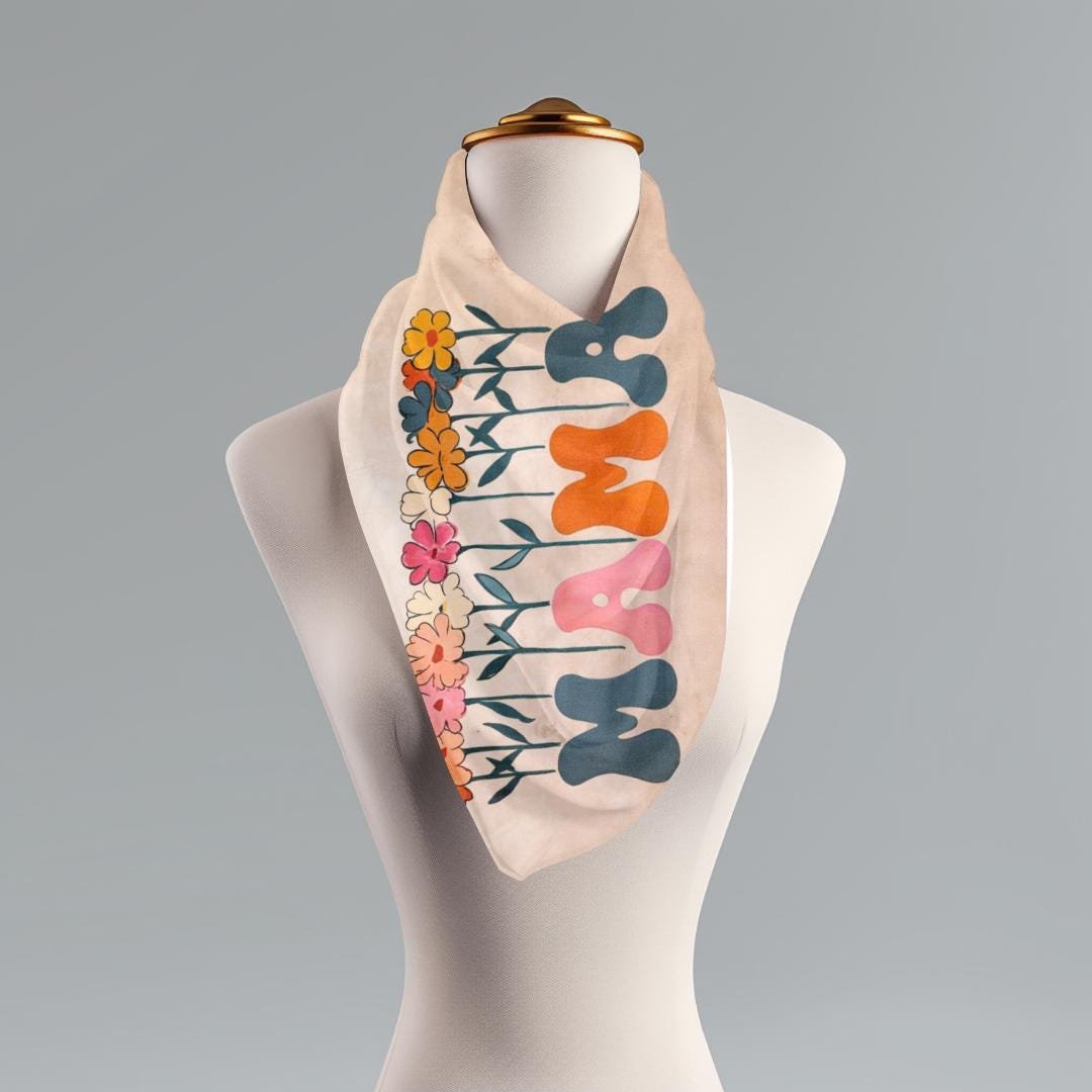 Retro Mama Floral Scarf: Colorful Wildflowers, Lightweight Neck Wrap