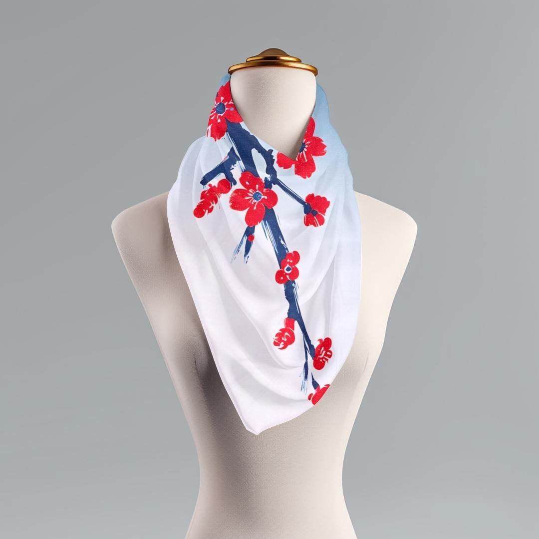 Red Floral Tree Branch Scarf: Gradient Blue White Lightweight Neck Wrap