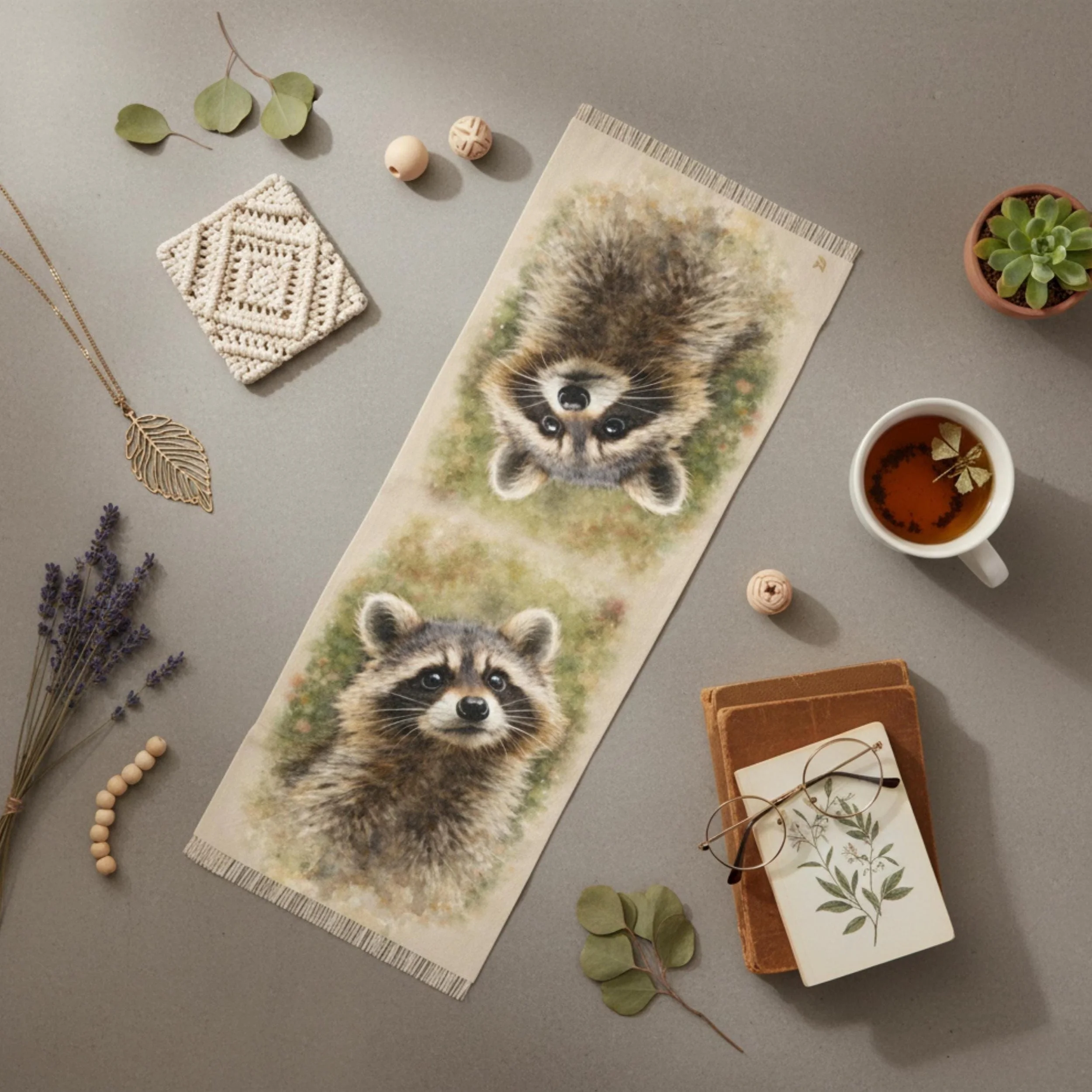 Woodland Raccoon Scarf, Cottagecore Nature Wrap, Wearable Art