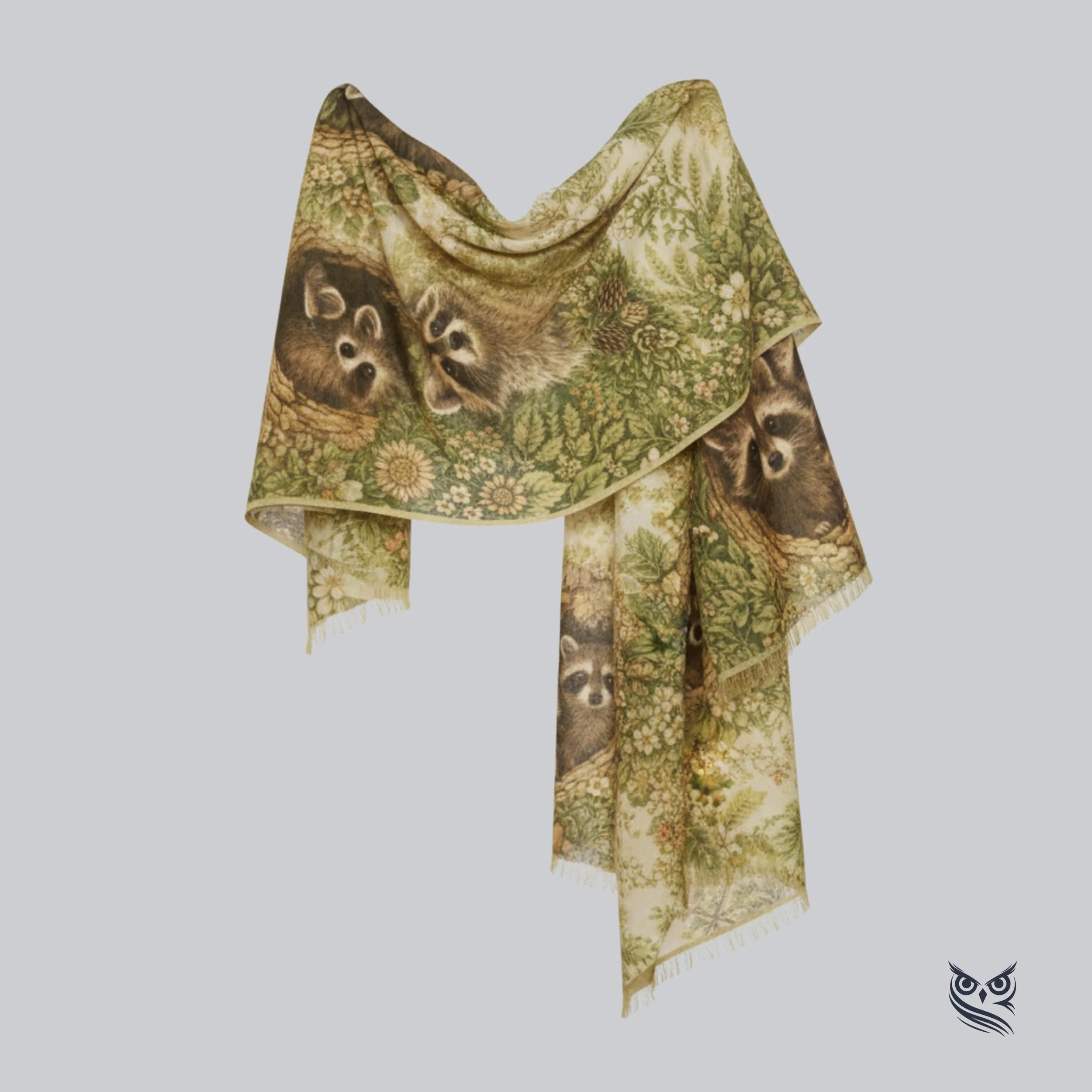 Woodland Raccoon Scarf, Cottagecore Wearable Art Wrap
