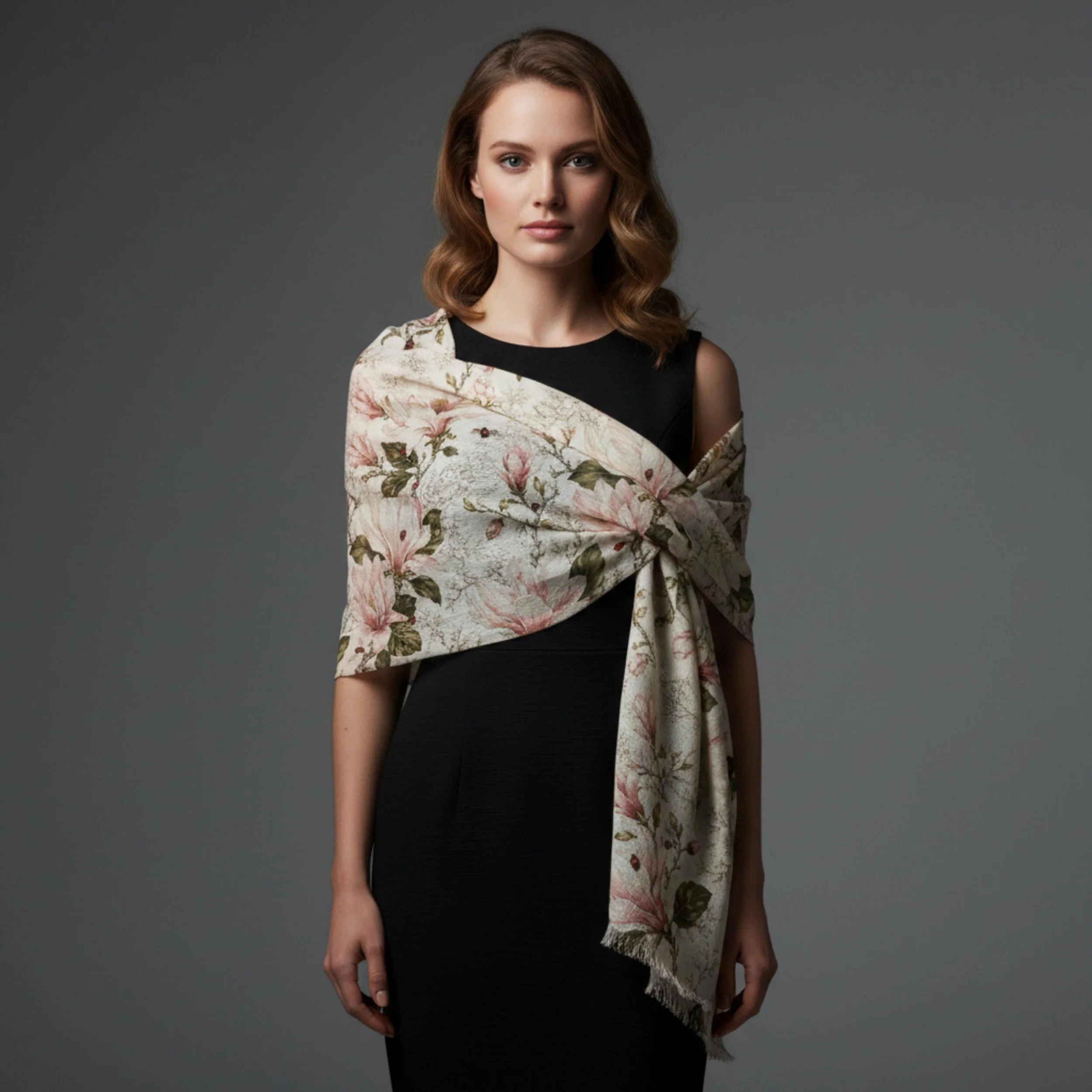 Blush Magnolia Ladybug Toile Scarf, Botanical Floral Wrap, Cottagecore Elegant Accessory