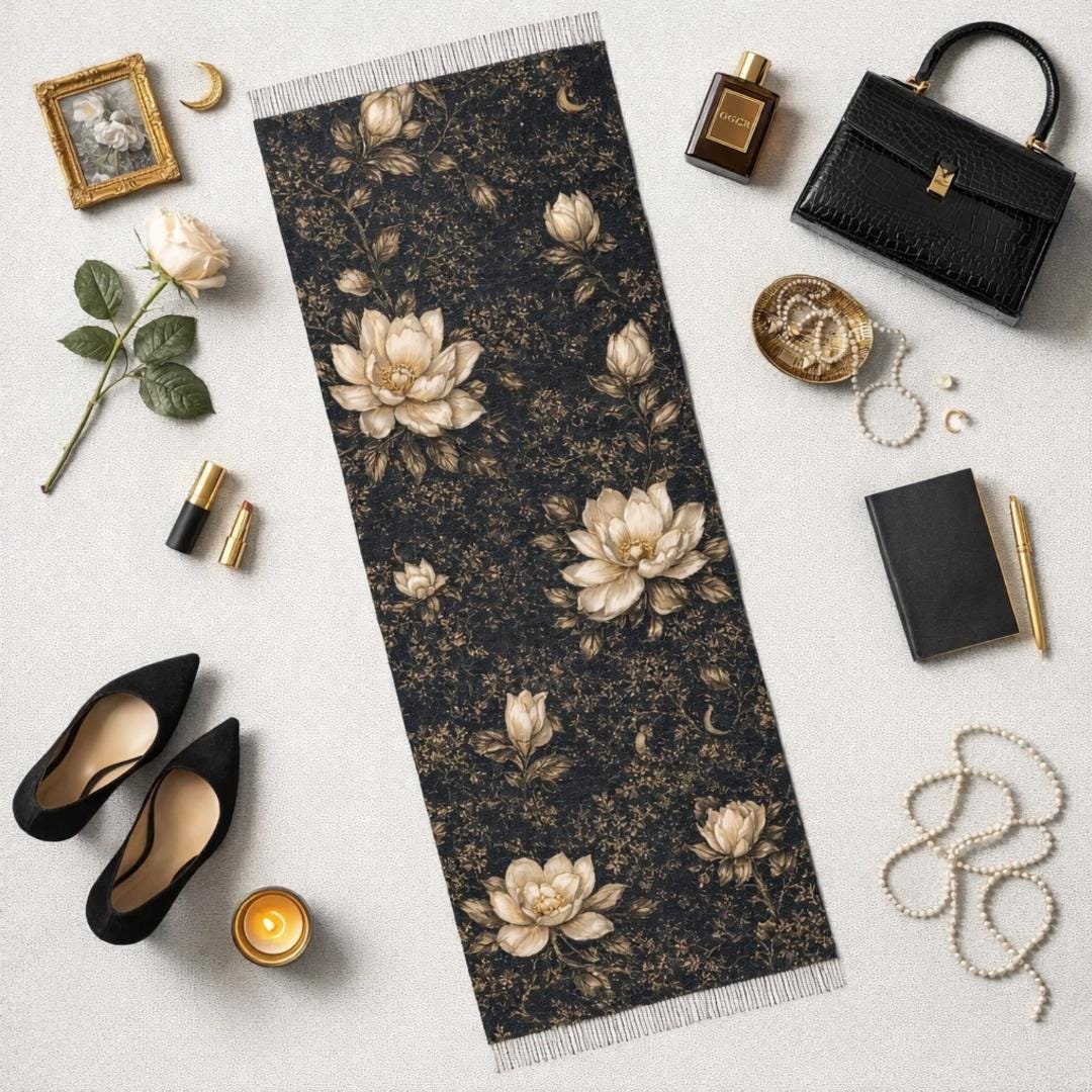 Nocturnal Magnolia Scarf, Midnight Bloom Floral Wrap, Navy Botanical Toile Shawl