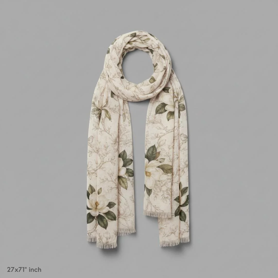 Magnolia Toile Scarf, Ivory Botanical Wrap, Elegant Grandiflora Shawl, Cottagecore Floral