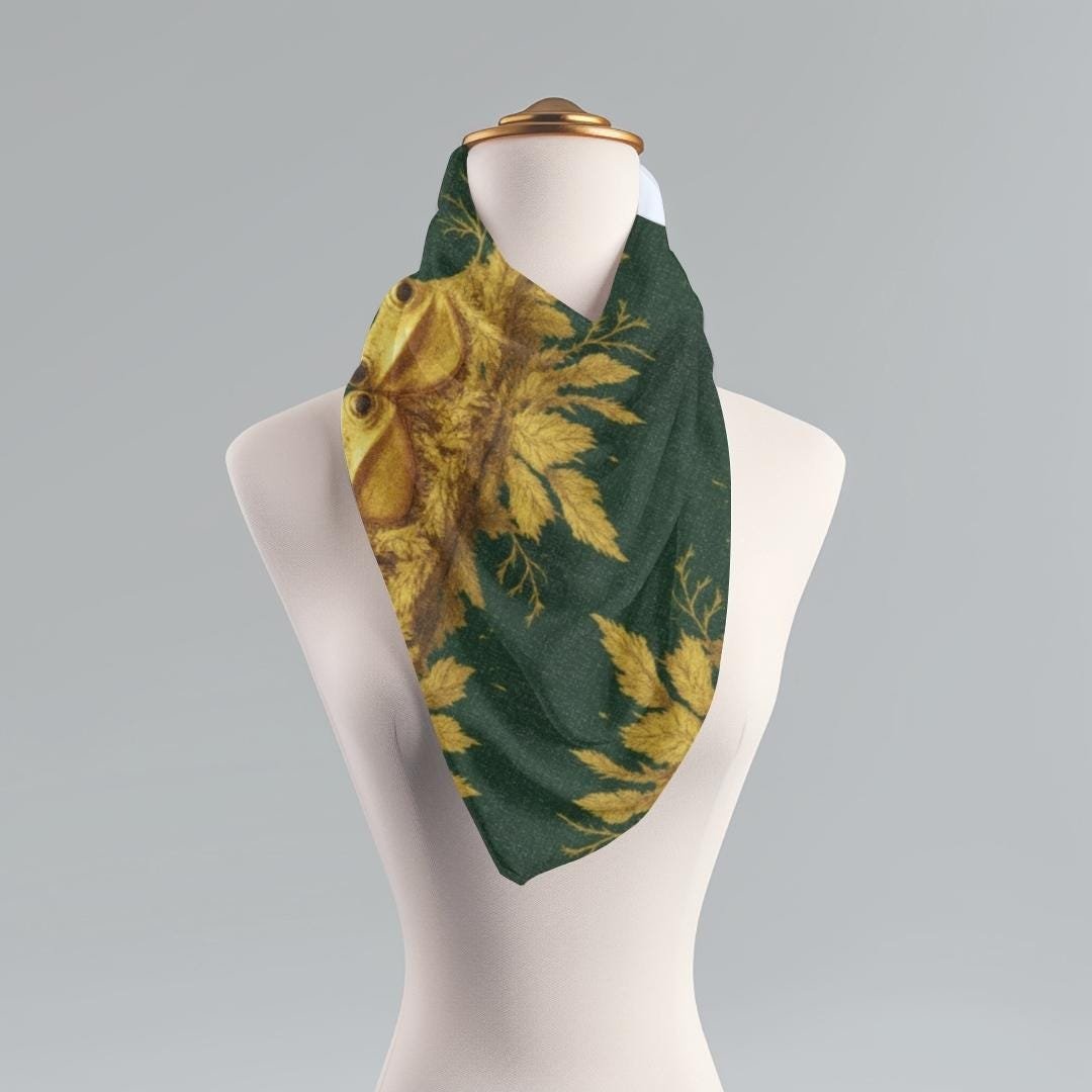 Gold Frog Toile Scarf, Forest Green Woodland Wrap, Cottagecore Scarf