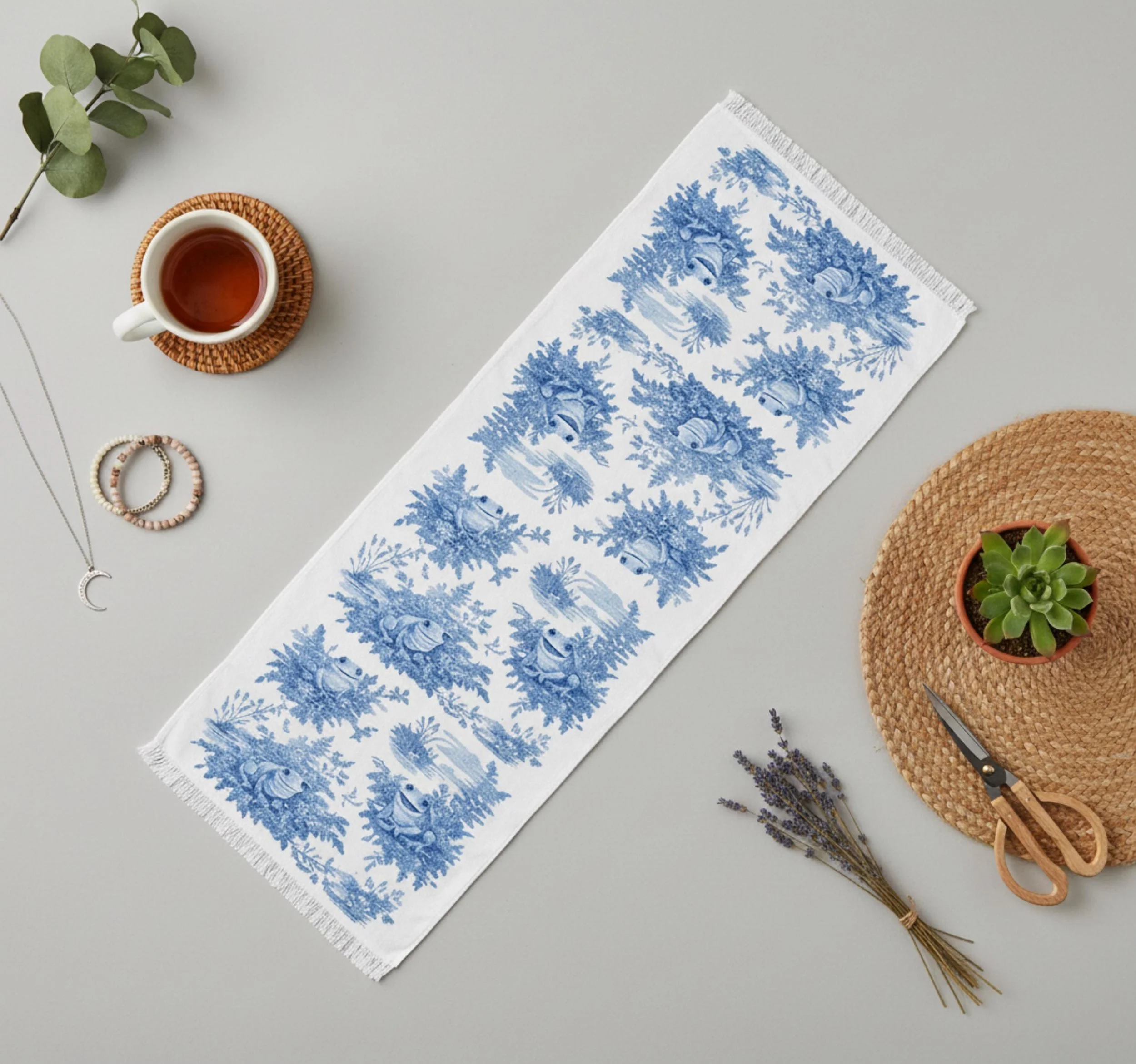Blue Frog Toile Scarf, Cottagecore Woodland Wrap
