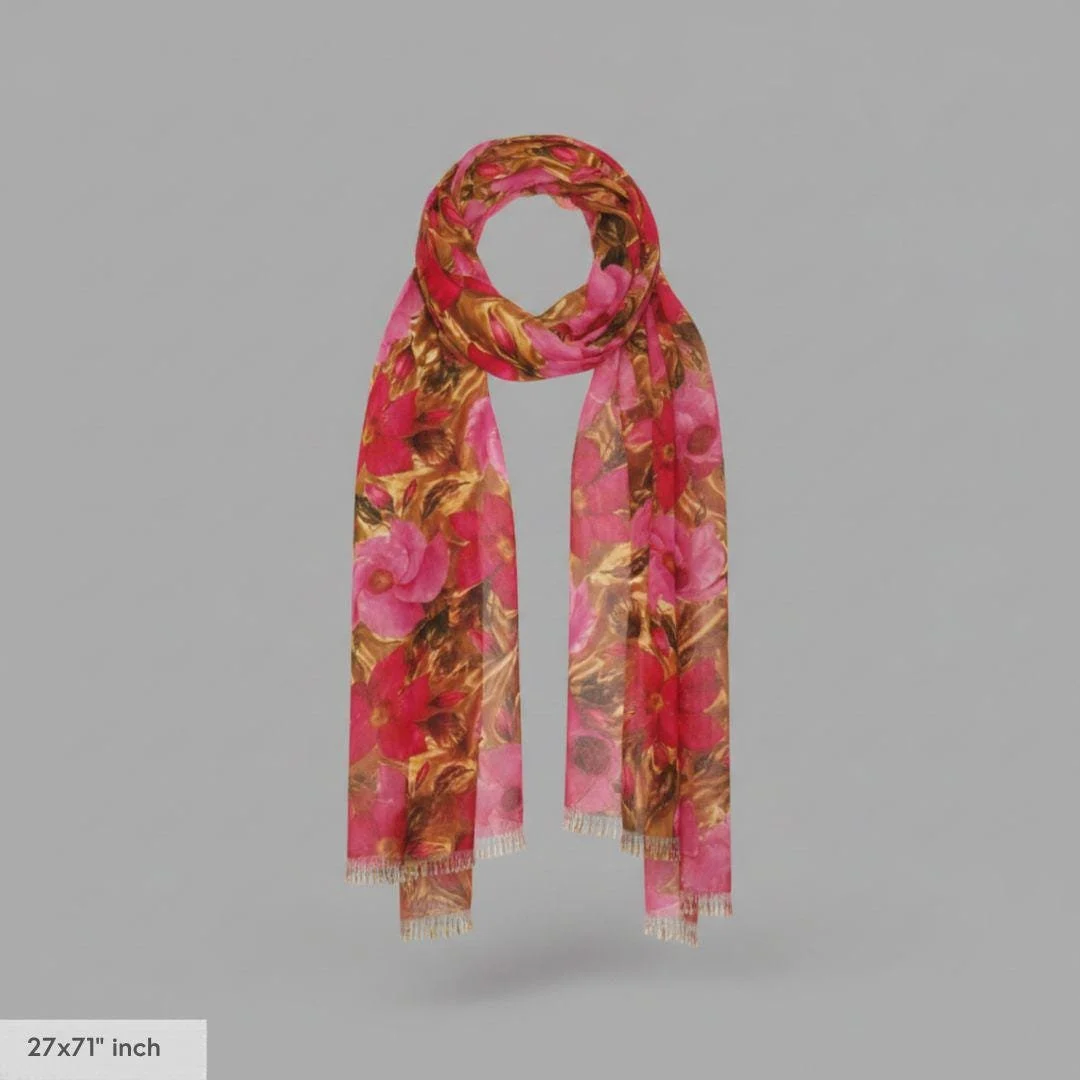 Vintage Gold Floral Scarf, Pink Mandevilla Botanical Wrap, Elegant Shawl