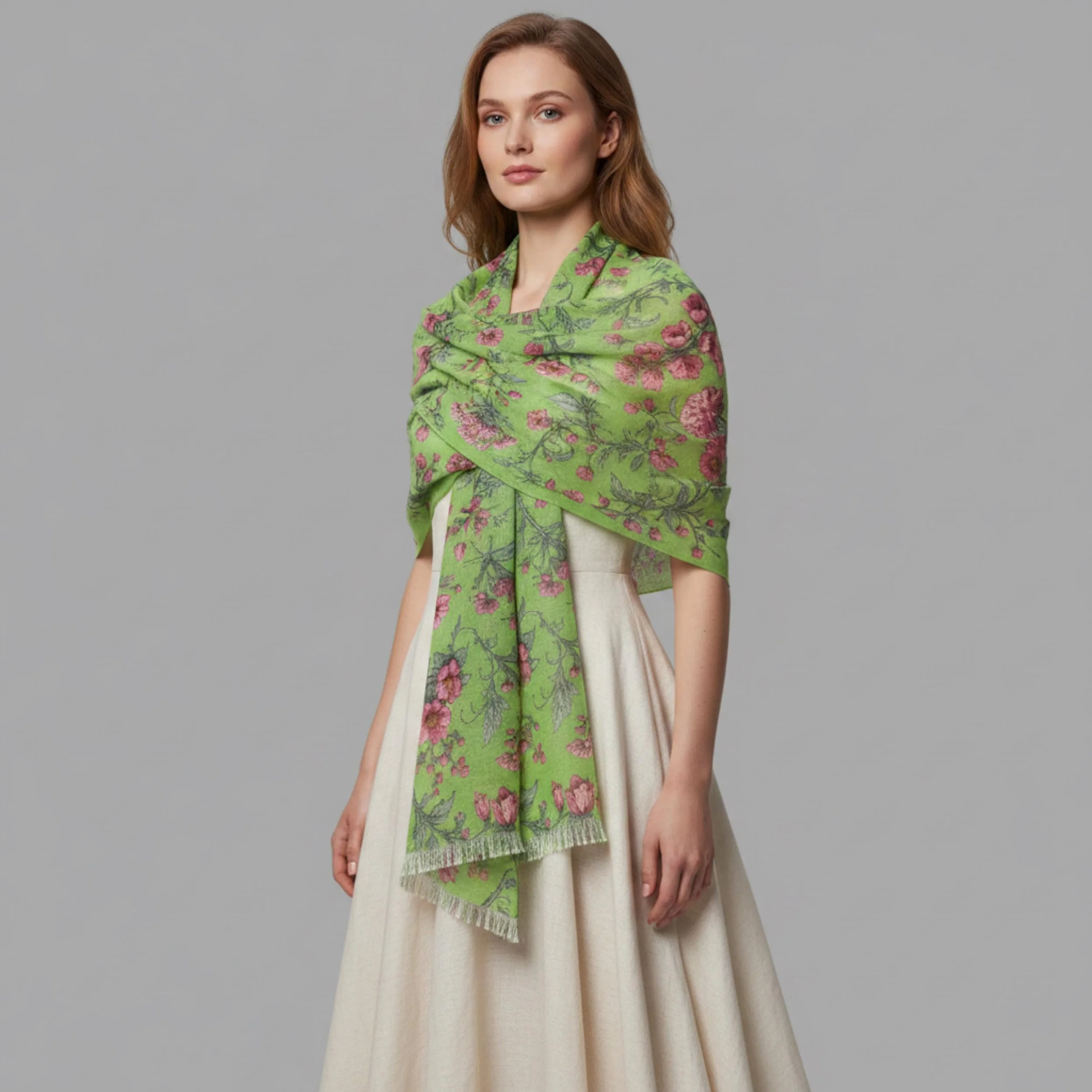 Green Floral Scarf, Pink Botanical Wrap, Vintage Inspired Shawl, Lightweight Polyester, 27" x 71"