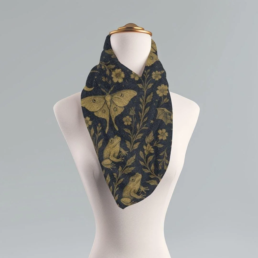 Botanical Toile Scarf: Luna Moth, Frog, Bat on Navy